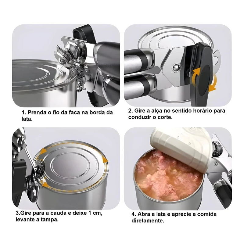 Abridor de Latas e Garrafas Profissional em Aço inoxidável 3 em 1 - para cozinha