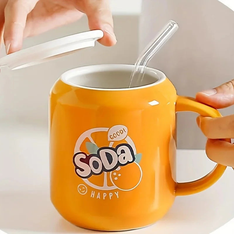 Copo Térmico Versátil de Cerâmica Moderno de 380ml com Tampa e Canudo