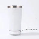Copo térmico inox com tampa abridor e caixa de som com bluetooth Led 420ML