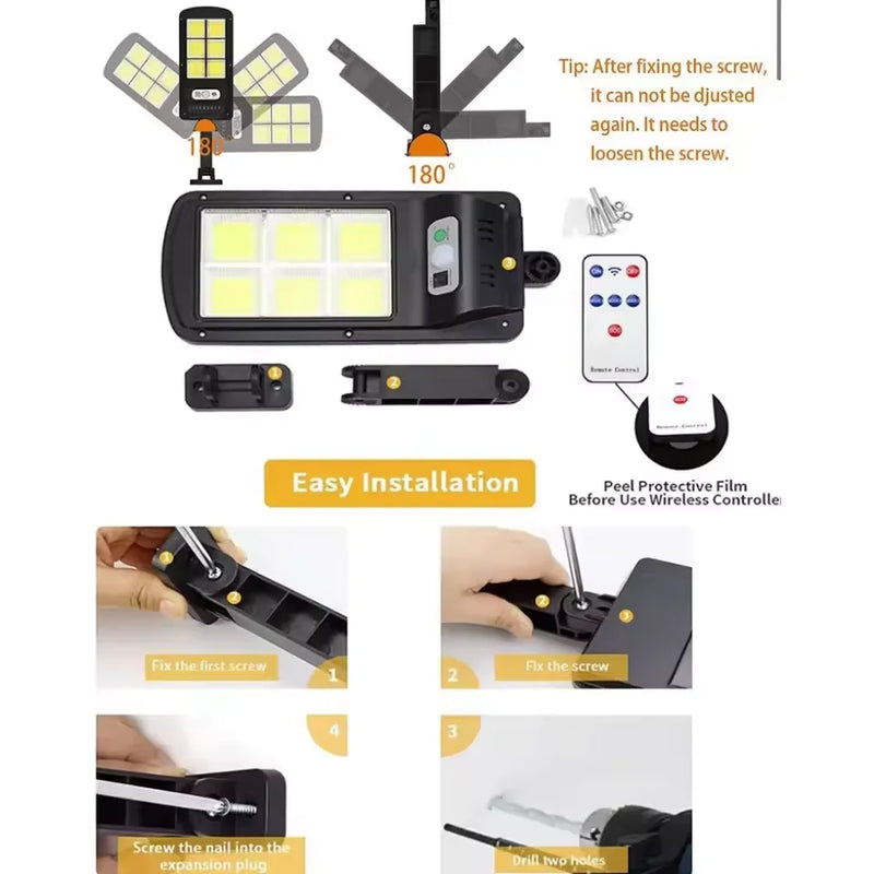 Luminária Solar Mini Sensor de Movimento Controle Remoto 60W Iluminação LED Externa Jardim Sustentável Varanda Recarregável