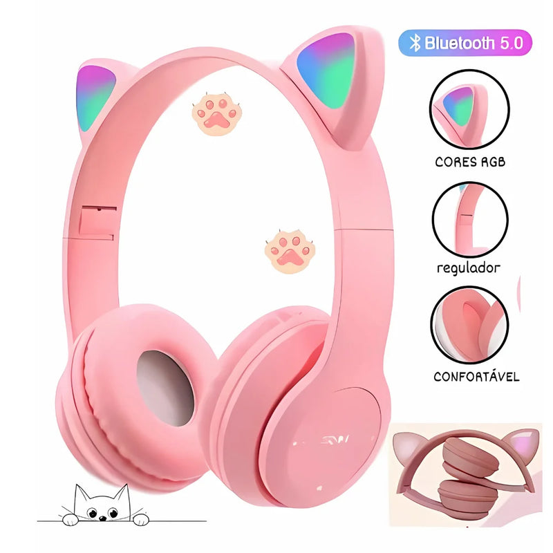 Fone de ouvido Bluetooth com orelhas de gatinho LED para meninos e meninas em cores variadas