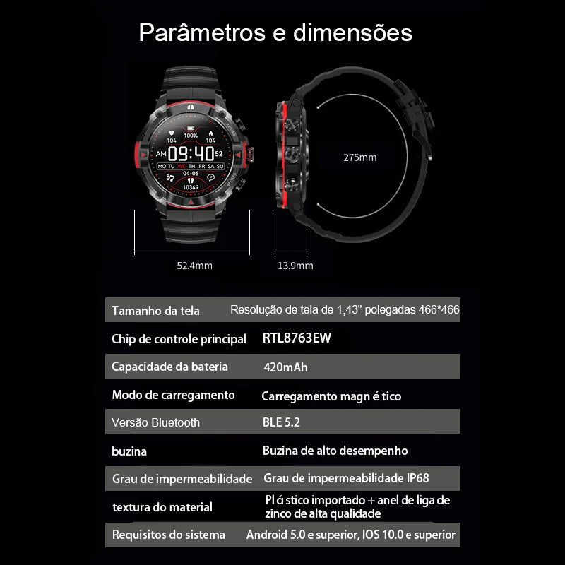Relógio Inteligente MASX MOSS Ⅱ Relógio com Tela AMOLED de 1,43'', Chamadas Telefônicas Hi-Fi, Resistência de Nível Militar