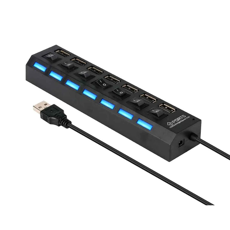 Hub USB com 7 portas, extensor de entrada USB 2.0 com luz indicadora de desligamento, cabo LED de 45 cm para PC, notebook, Android, Smart TV, preto, portátil.