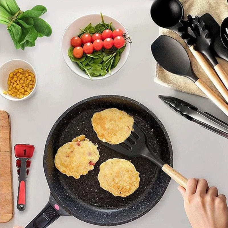 Kit Utensílios de Cozinha C/12 Talheres Cabo de Madeira e Panela