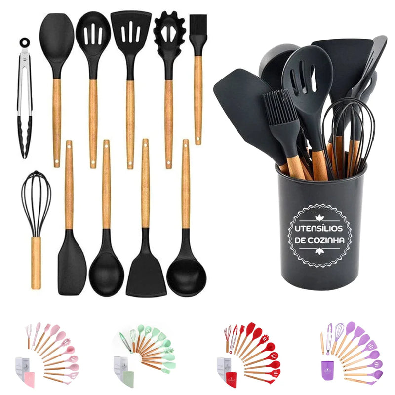Kit Utensílios de Cozinha C/12 Talheres Cabo de Madeira e Panela