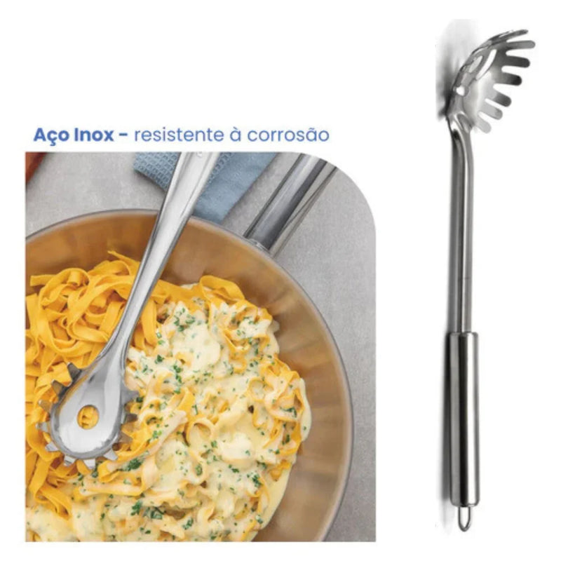 Kit 3 Utensilios de Cozinha em Inox. Escumadeira + Concha de Feijão + Pegador de Massa