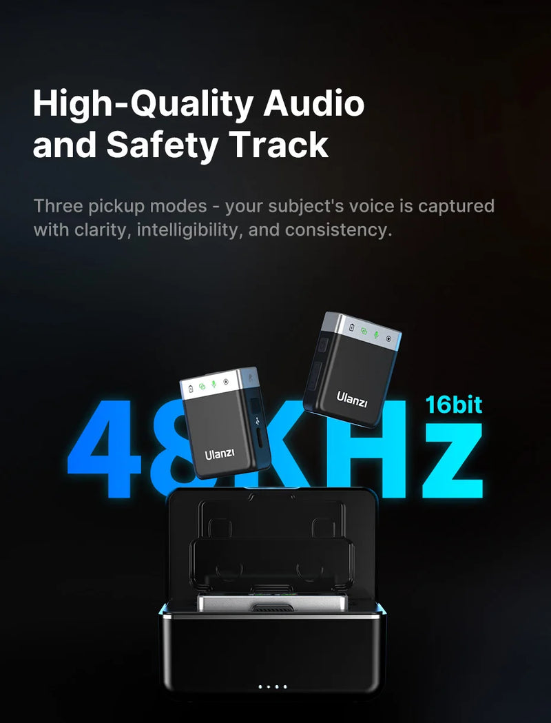 Ulanzi AM18 U-Mic 2.4G Microfone estéreo sem fio com captação de 100 m, gravação de canal duplo de 20+ horas para DSLR, iOS, Android, PC, entrevista ao vivo