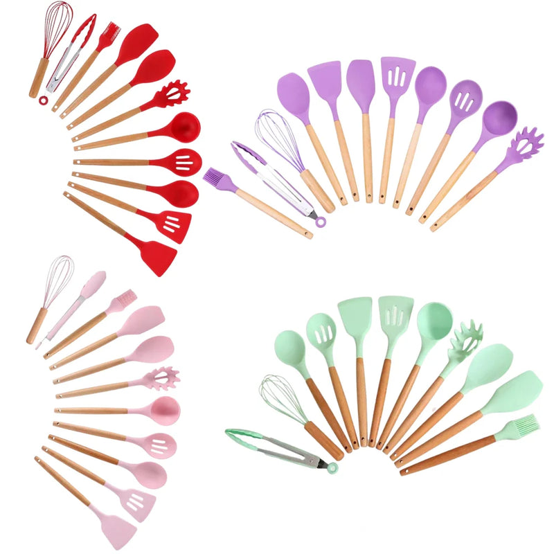 Kit Utensílios de Cozinha C/12 Talheres Cabo de Madeira e Panela