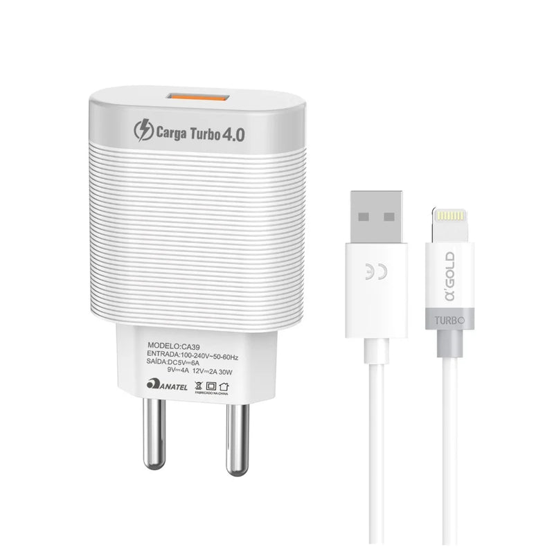 Carregador Turbo USB-C 3.0 de 30 W | Tecnologia de Carregamento Rápido | Compatível com iPhone e outros smartphones | Inclui cabo de 1,5 m