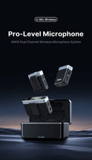 Ulanzi AM18 U-Mic 2.4G Microfone estéreo sem fio com captação de 100 m, gravação de canal duplo de 20+ horas para DSLR, iOS, Android, PC, entrevista ao vivo