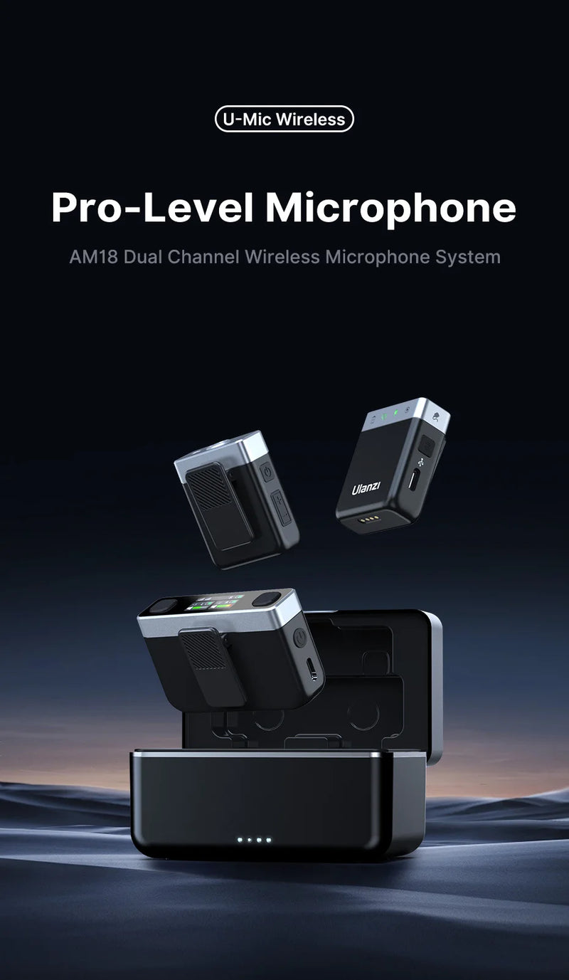 Ulanzi AM18 U-Mic 2.4G Microfone estéreo sem fio com captação de 100 m, gravação de canal duplo de 20+ horas para DSLR, iOS, Android, PC, entrevista ao vivo