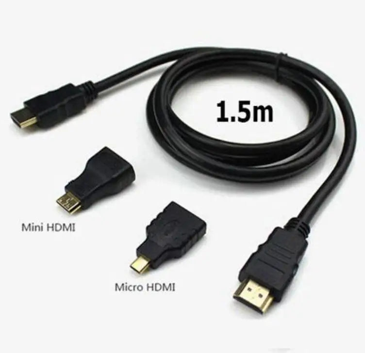 Cabo HDMI 3 em 1 Micro Mini Full HD Alta Definição para TV Monitor, Projetor e Adaptador HDMI Compatível - Comprimento 1,5m