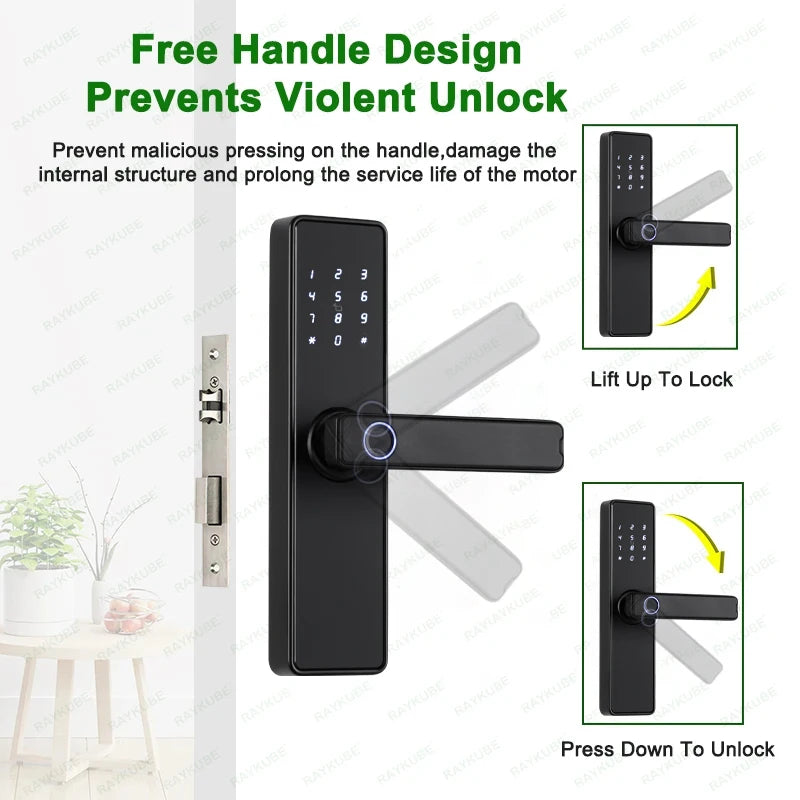 Fechadura eletrônica com impressão digital em 9 idiomas com aplicativo Tuya/cartão/código/chave desbloqueio RAYKUBE K20 Bluetooth