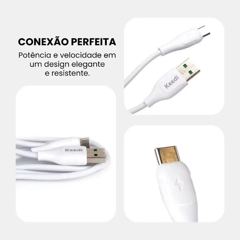 Cabo carregador universal Keedi 1 Metro Tipo C V8 USB Lightning para celular Smartphone Tablet Android iPhone Carregamento rápido Sincronização