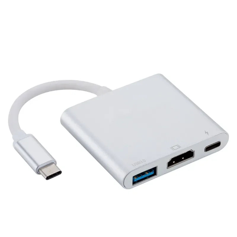 Adaptador 3 em 1 Tipo C para HDMI 4K + Hub USB 3.0 | Conversor de alumínio, compatível com notebook, celular e TV | Hub compacto