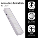 Luminária de emergência com 60 LEDs e bateria recarregável.