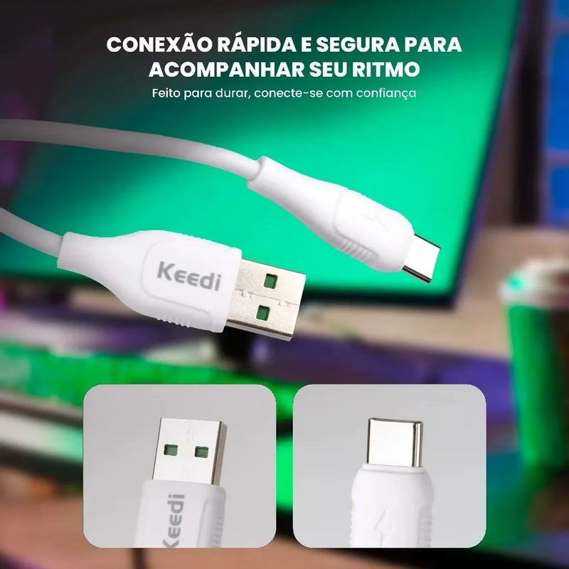 Cabo carregador universal Keedi 1 Metro Tipo C V8 USB Lightning para celular Smartphone Tablet Android iPhone Carregamento rápido Sincronização