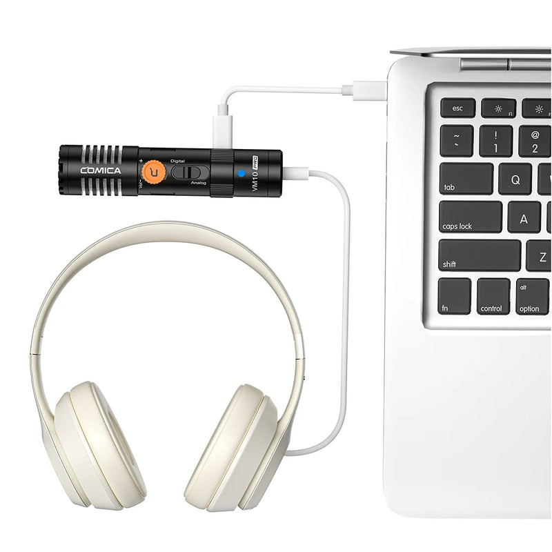 Microfone de câmera Comica VM10 PRO Microfone shotgun USB de modo duplo com monitor de controle de ganho Microfone de entrevista
