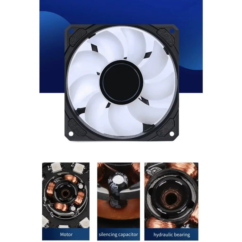 Cooler com ventoinha ARGB LED de 120 mm para gabinete de PC gamer, resfriamento super silencioso, iluminação eficiente, personalizável e de alto desempenho.