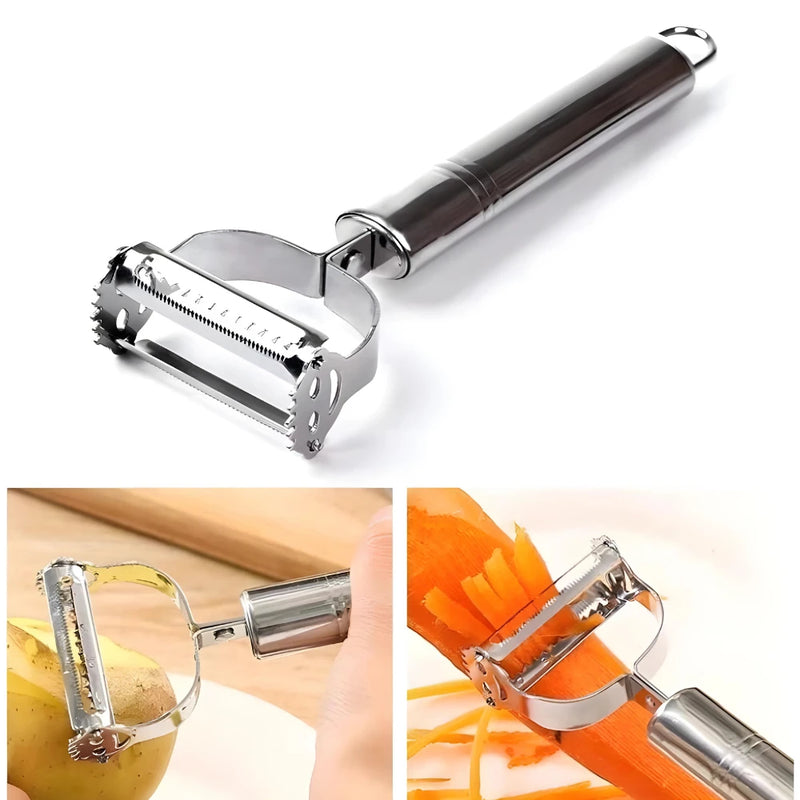 Kit Descascador e Cortador de Frutas com Lâmina Dupla em Aço Inox 3 Peças para Vegetais