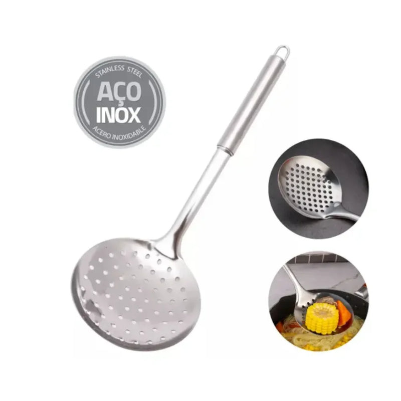 Kit 3 Utensilios de Cozinha em Inox. Escumadeira + Concha de Feijão + Pegador de Massa