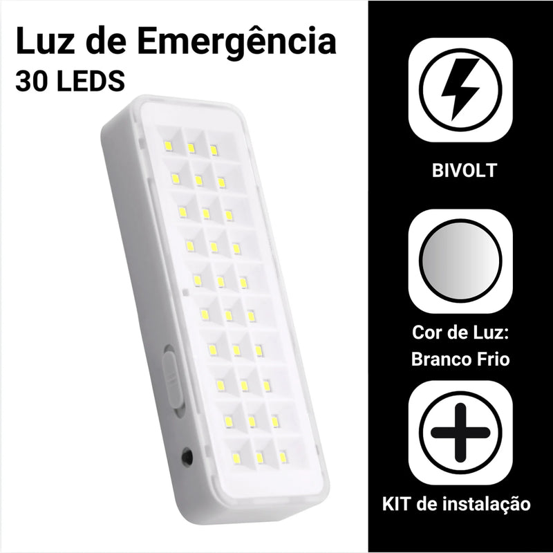 Luminária de emergência com 30 LEDs e bateria recarregável