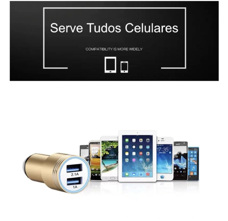 Carregador Veicular para Celular 1 entradas USB 2.1A e 1 entradas USB 1A