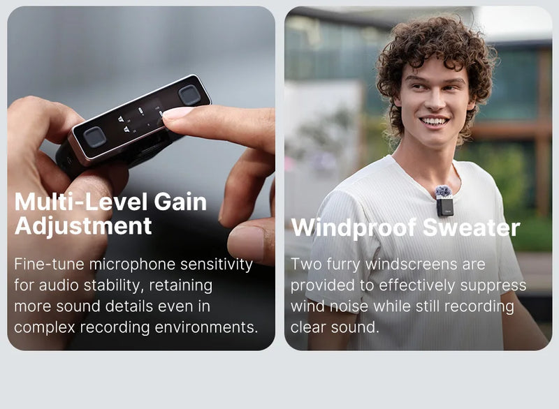 Ulanzi AM18 U-Mic 2.4G Microfone estéreo sem fio com captação de 100 m, gravação de canal duplo de 20+ horas para DSLR, iOS, Android, PC, entrevista ao vivo