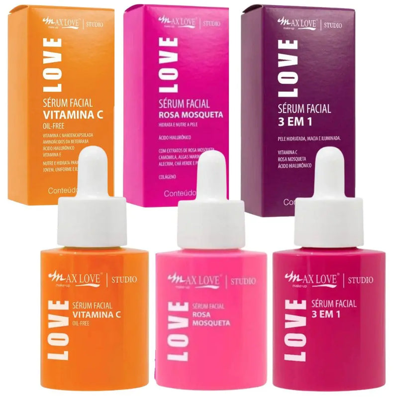 Kit C/3 Sérum Max Love Vitamina C + Sérum 3 em 1 + Sérum Rosa Mosqueta