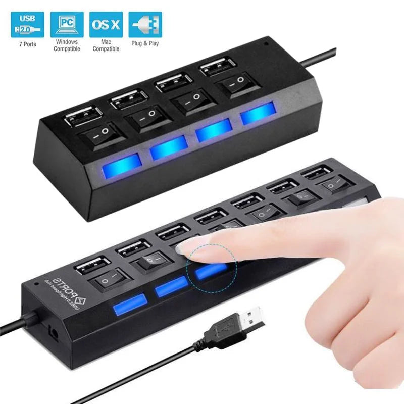 Hub USB com 7 portas, extensor de entrada USB 2.0 com luz indicadora de desligamento, cabo LED de 45 cm para PC, notebook, Android, Smart TV, preto, portátil.