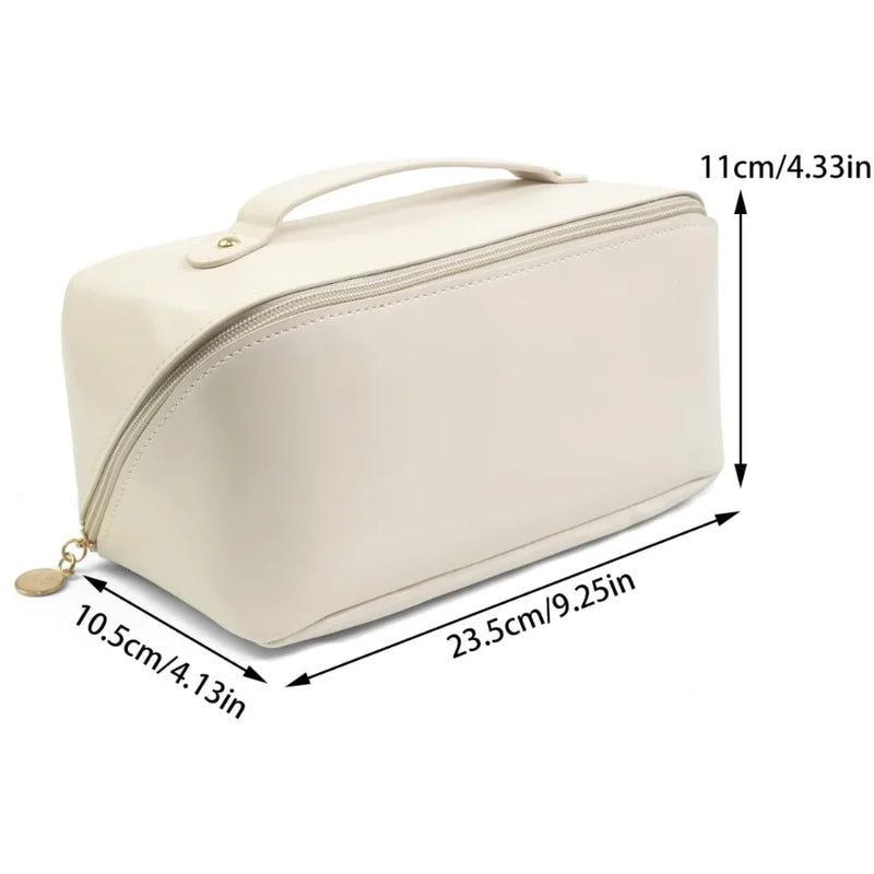 Bolsa feminina para maquiagem e cosméticos, bolsa de viagem portátil de couro com grande capacidade