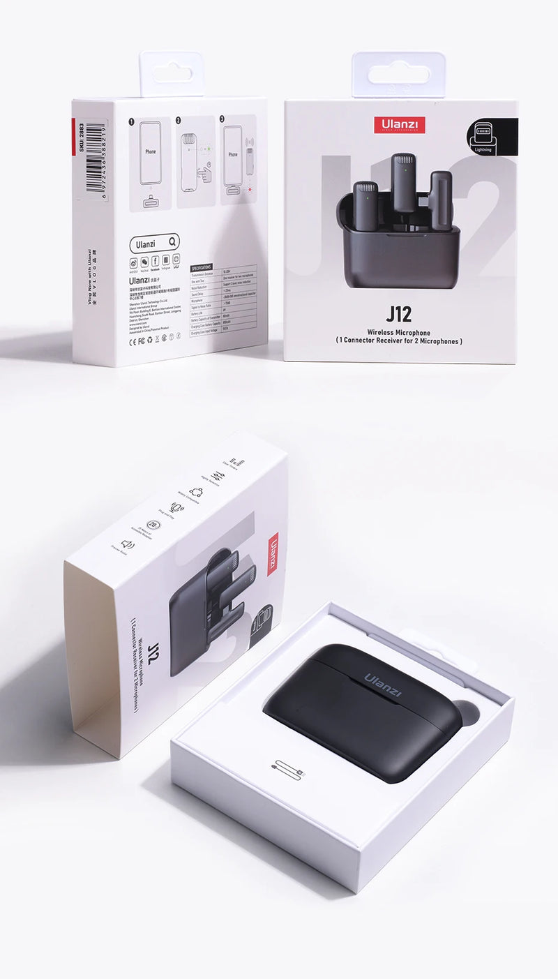 Microfone de lapela sem fio Ulanzi J12, conjunto de microfone de lapela para gravação de vídeo curto, mini microfone para iPhone 16, 15, 14, Android, transmissão ao vivo