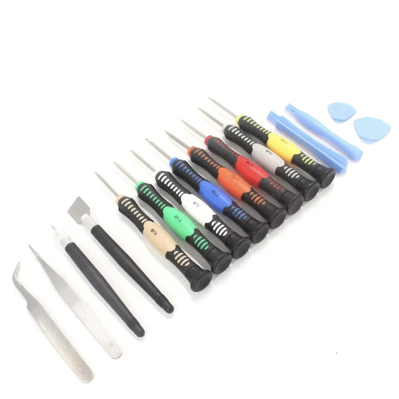 Kit de ferramentas com 16 peças para abrir e reparar celulares iPhone e Android. Ferramentas práticas, compactas e essenciais para manutenção.