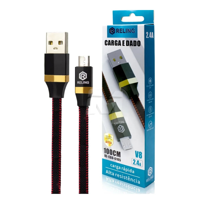 Cabo USB V8 Modelo RE-CBO-6105 para Carregamento e Transferência de Dados 2.4A - Comprimento 1M Reling