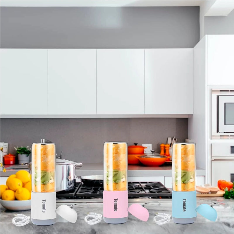Mini Liquidificador Portátil de Vidro 330ml com 6 Lâminas em Aço Inoxidável, Recarregável, USB, Espremedor de Gelo Maz-007 - Branco, Rosa e Azul