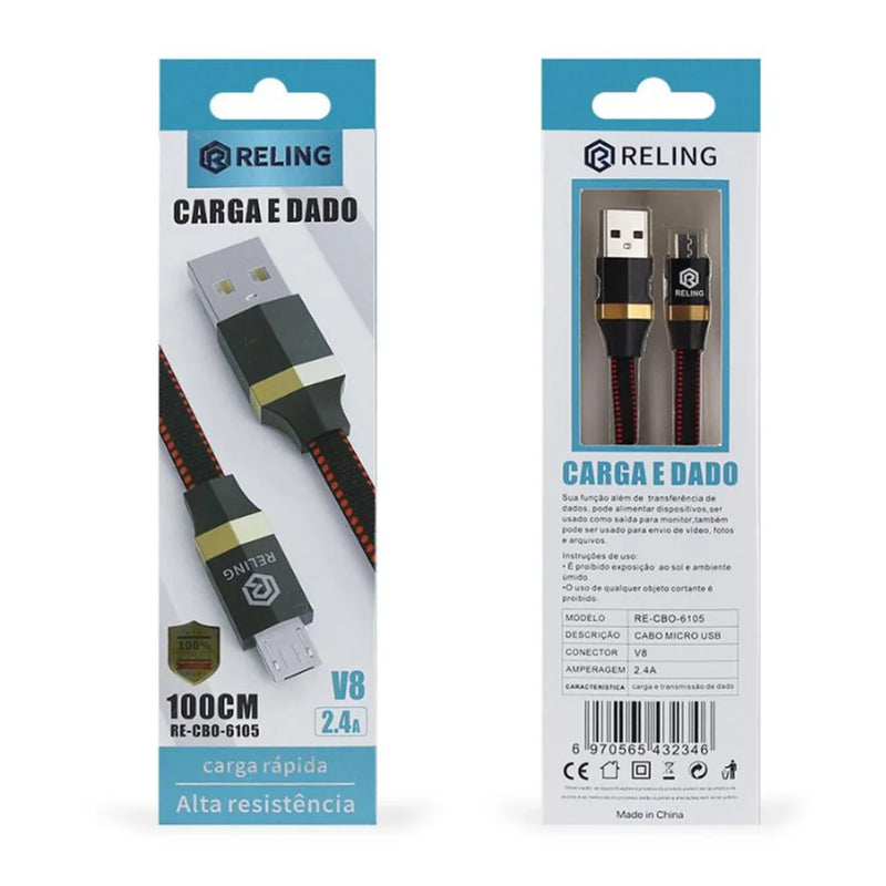 Cabo USB V8 Modelo RE-CBO-6105 para Carregamento e Transferência de Dados 2.4A - Comprimento 1M Reling