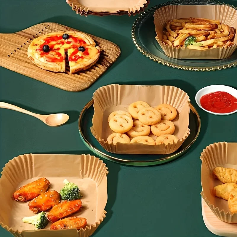 Papel de proteção antiaderente para fritadeira a ar quente, formato redondo e quadrado, pacote com 100 unidades.