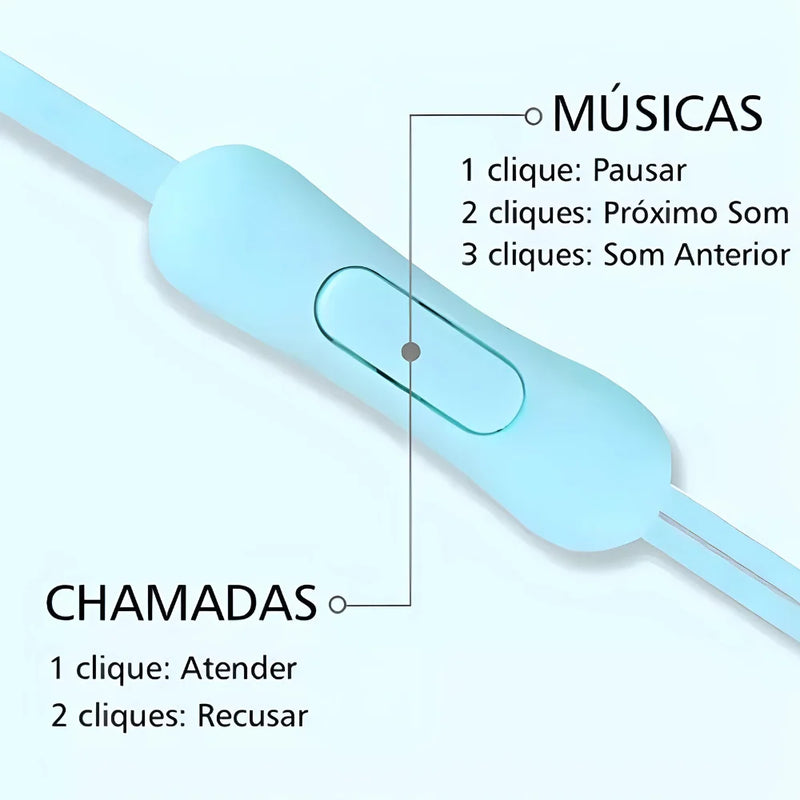 Fone de ouvido Macaron com fio, microfone e botão de chamada em cores sortidas.