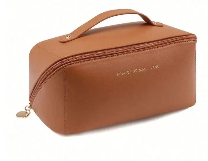 Bolsa feminina para maquiagem e cosméticos, bolsa de viagem portátil de couro com grande capacidade