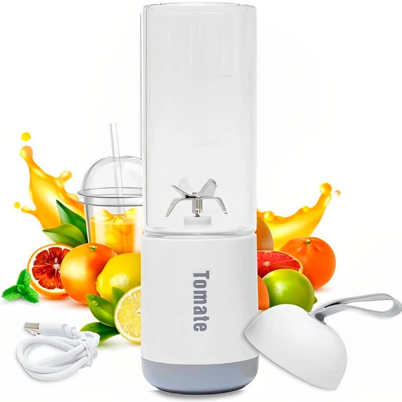 Mini Liquidificador Portátil de Vidro 330ml com 6 Lâminas em Aço Inoxidável, Recarregável, USB, Espremedor de Gelo Maz-007 - Branco, Rosa e Azul