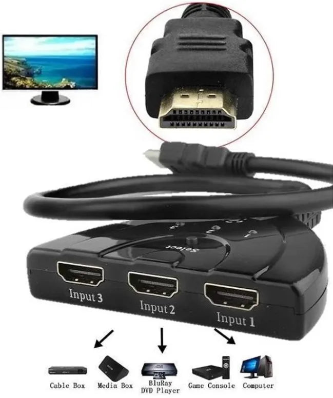 Cabo adaptador 3x1 para switch hub HDMI, 3 entradas e 1 saída, alta resolução, Full HD 4K, compatível com TV, PC, notebook, console, filmes