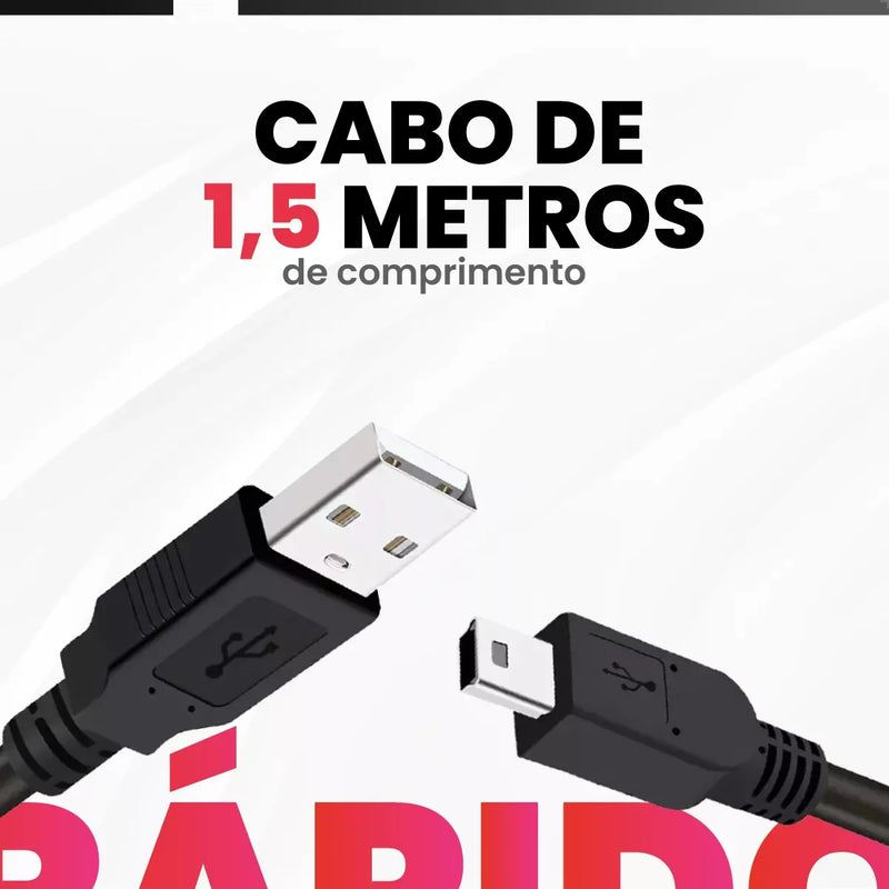 Cabo USB com Conector V3 (Mini A) - 1,5 Metros para Carregamento de Bateria e Controle de Transmissão de Dados GPS PS3 Multiuso