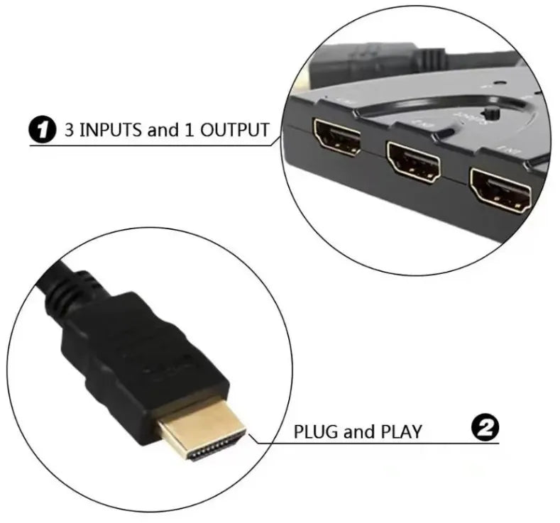Cabo adaptador 3x1 para switch hub HDMI, 3 entradas e 1 saída, alta resolução, Full HD 4K, compatível com TV, PC, notebook, console, filmes