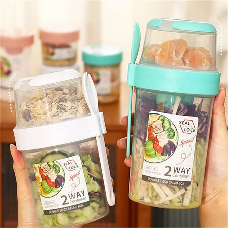 Porta de salada de vidro com garfo e mosto integrados - recipiente hermético para alimentos frescos, ideal para potes de fitness