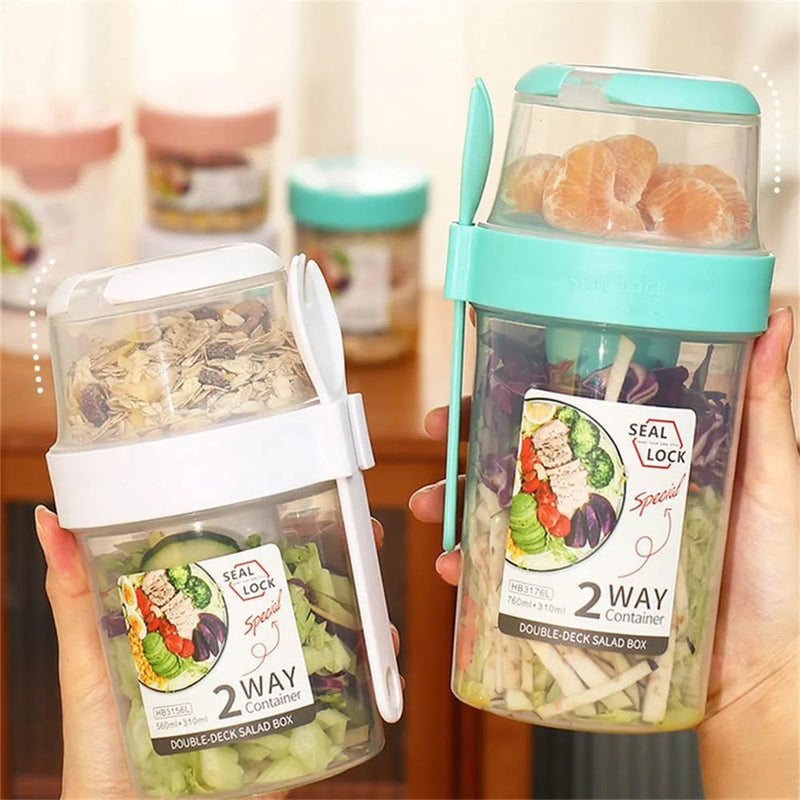 Porta de salada de vidro com garfo e mosto integrados - recipiente hermético para alimentos frescos, ideal para potes de fitness