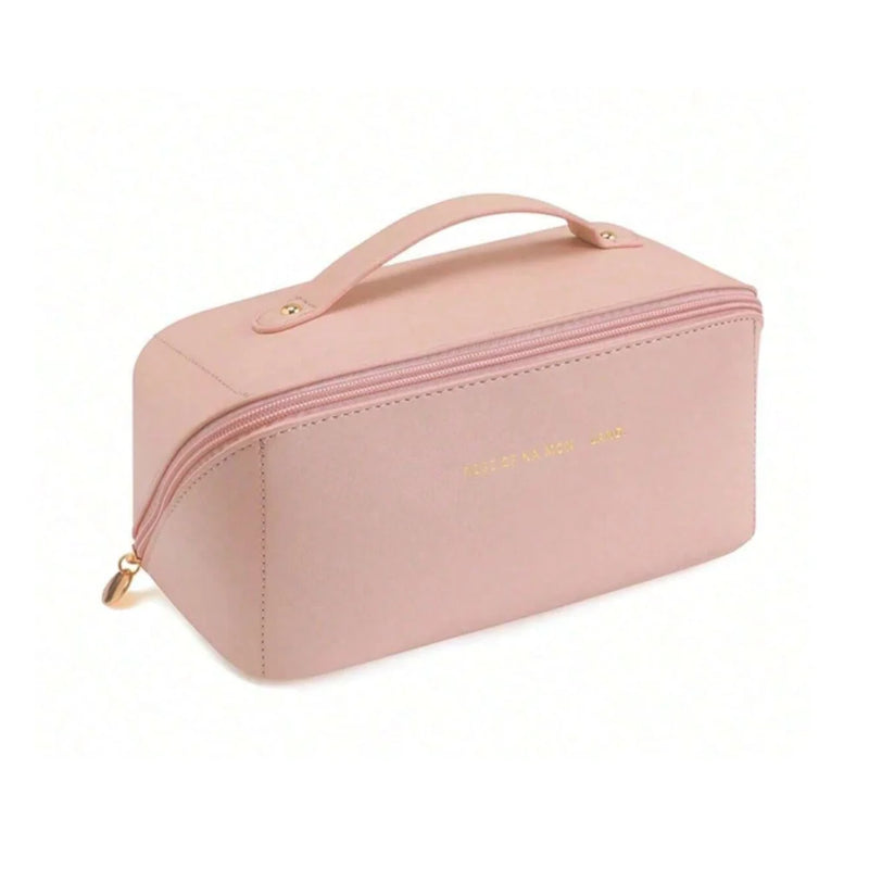 Bolsa feminina para maquiagem e cosméticos, bolsa de viagem portátil de couro com grande capacidade