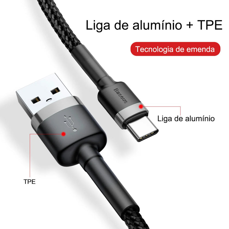 Cabo USB Tipo C BASEUS Cafule para Realme Xiaomi Samsung S21 Cabo de carregamento rápido USB-C Cabo de dados para carregador