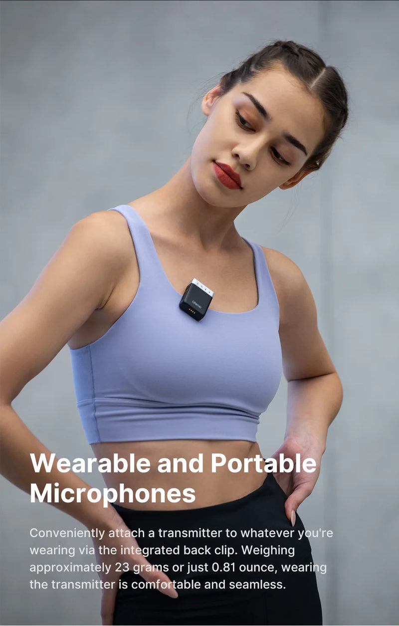 Ulanzi AM18 U-Mic 2.4G Microfone estéreo sem fio com captação de 100 m, gravação de canal duplo de 20+ horas para DSLR, iOS, Android, PC, entrevista ao vivo