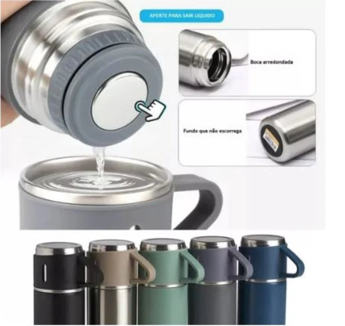 Caneca Kit Garrafa Térmica Vacuum Bottle Inox 500ml + Xícaras Bebidas Fria ou Quente