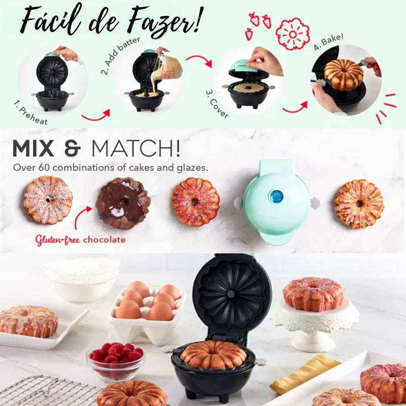 Mini Máquina Elétrica de Bolo e Doces Bundt Waffle com Superfície Antiaderente Fácil de Usar e Lavar